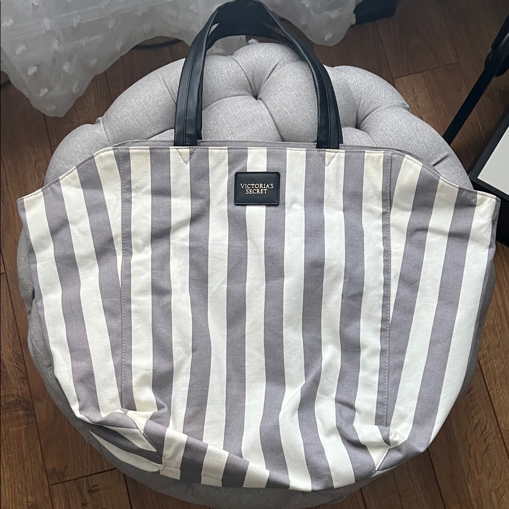Victoria’s Secret Gray White Striped Canvas Tote Bag Large